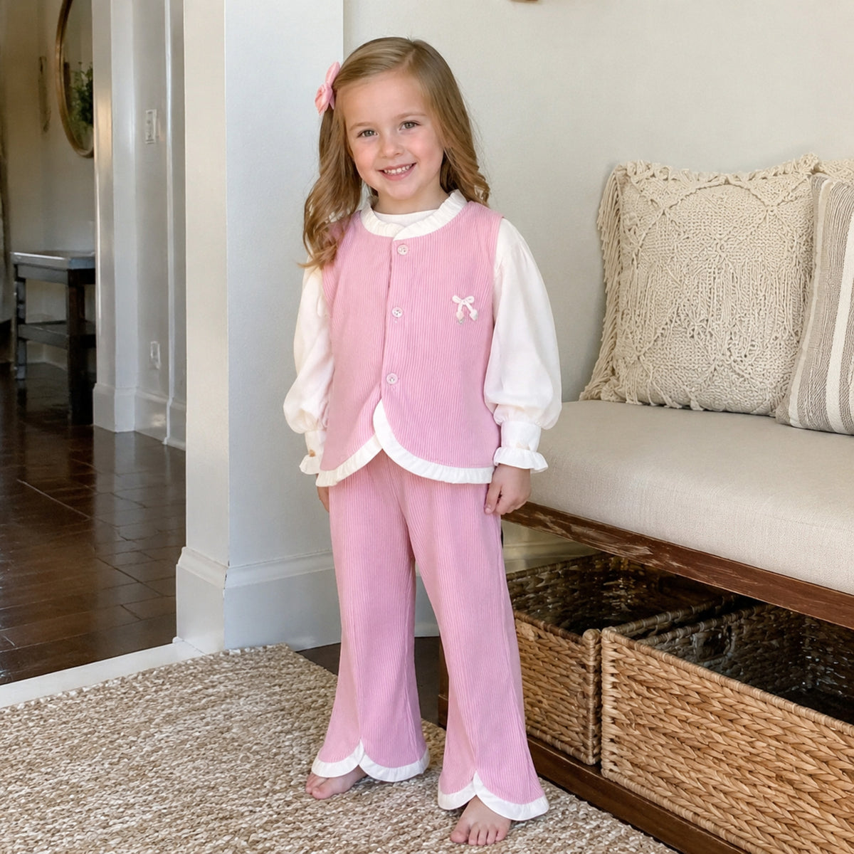 Girl wearing rose pink button-front three-piece set at home