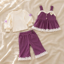 Girls Vintage Ruffle Top, Pinafore & Pants Three-Piece Set, 6 Colors