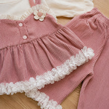 Girls Vintage Ruffle Top, Pinafore & Pants Three-Piece Set, 6 Colors