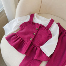 Girls Vintage Ruffle Top, Pinafore & Pants Three-Piece Set, 6 Colors