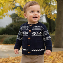 Baby Toddler Fair Isle Cardigan, Nordic Jacquard Knit, Navy or Ivory