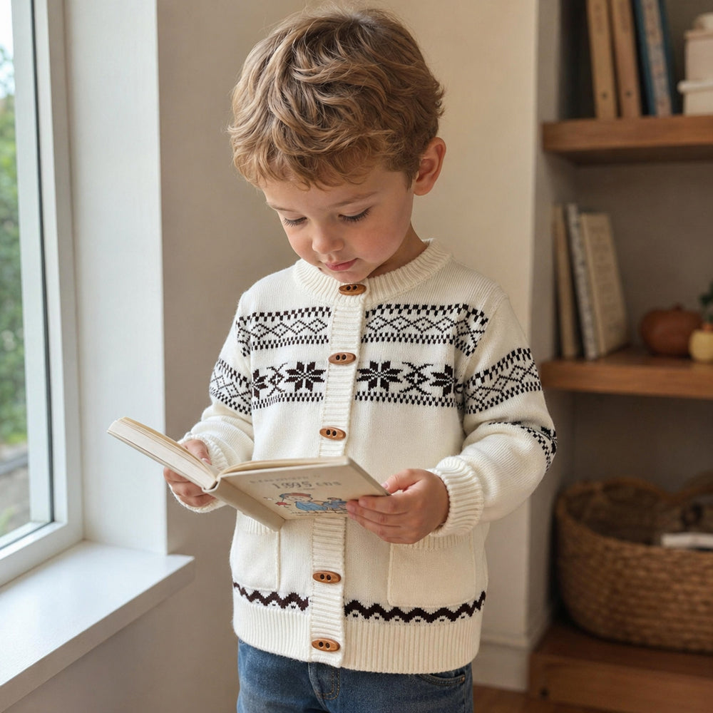 Baby Toddler Fair Isle Cardigan, Nordic Jacquard Knit, Navy or Ivory