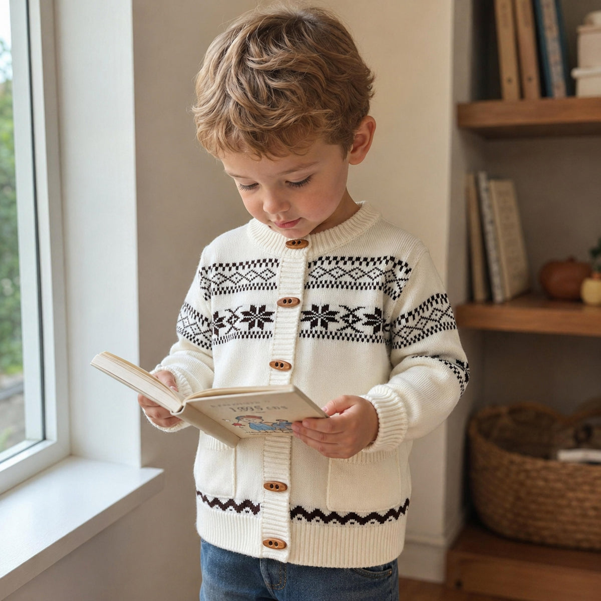 Baby Nordic Jacquard Button Cardigan in Navy or Ivory — BloomKnit product photo 2 of 10