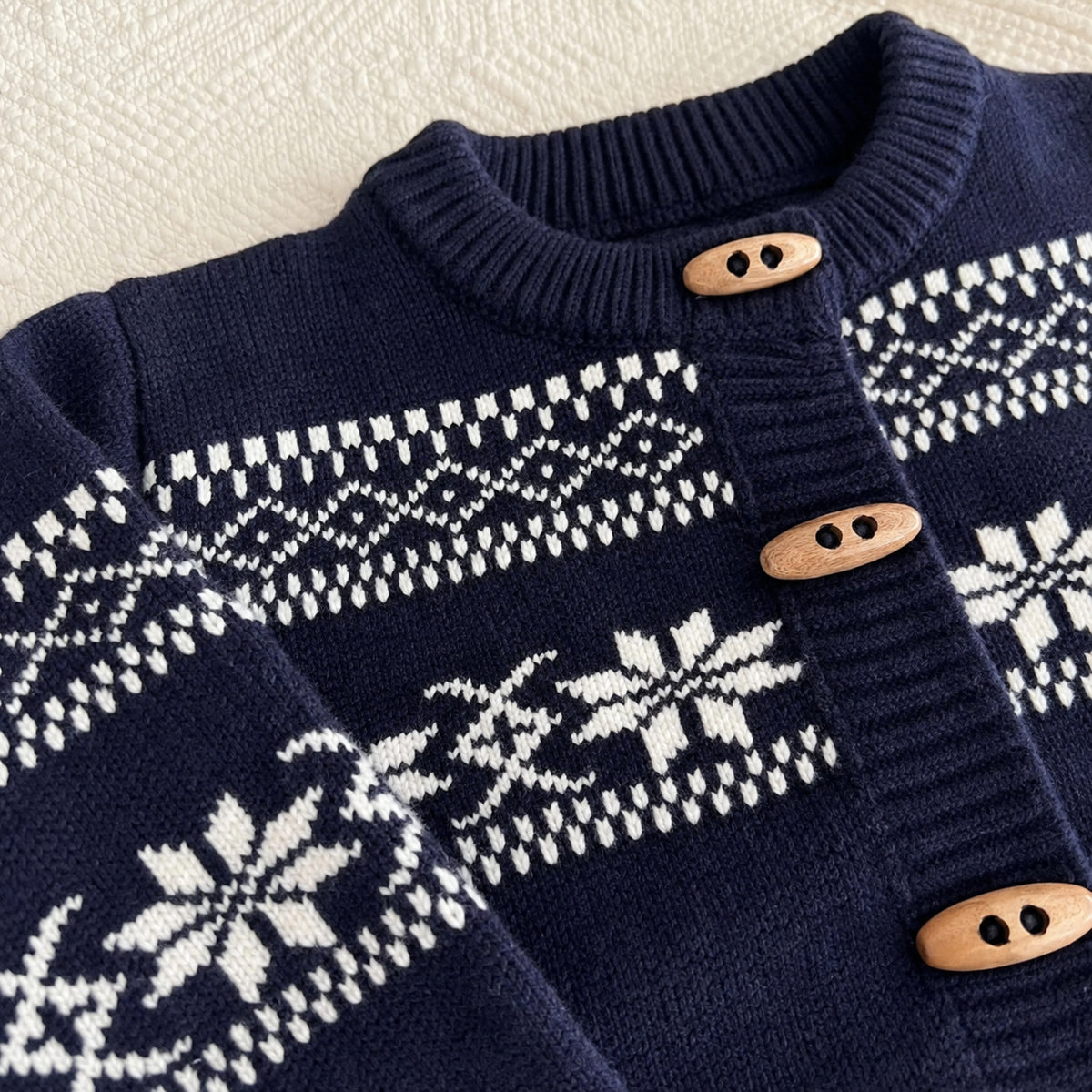 Baby Nordic Jacquard Button Cardigan in Navy or Ivory — BloomKnit product photo 7 of 10