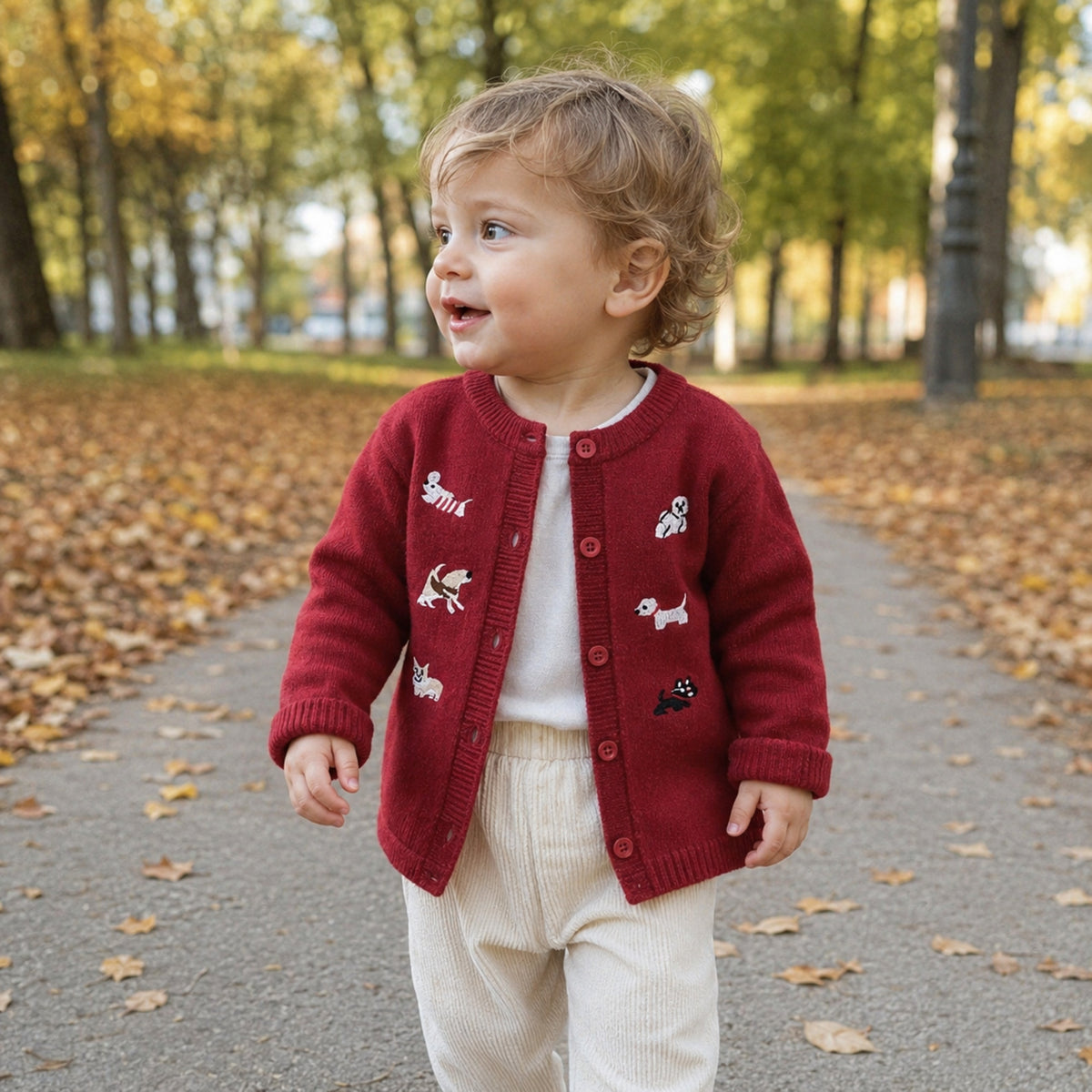 Baby Embroidered Knit Cardigan or Romper in Cream and Burgundy — BloomKnit product photo 2 of 10