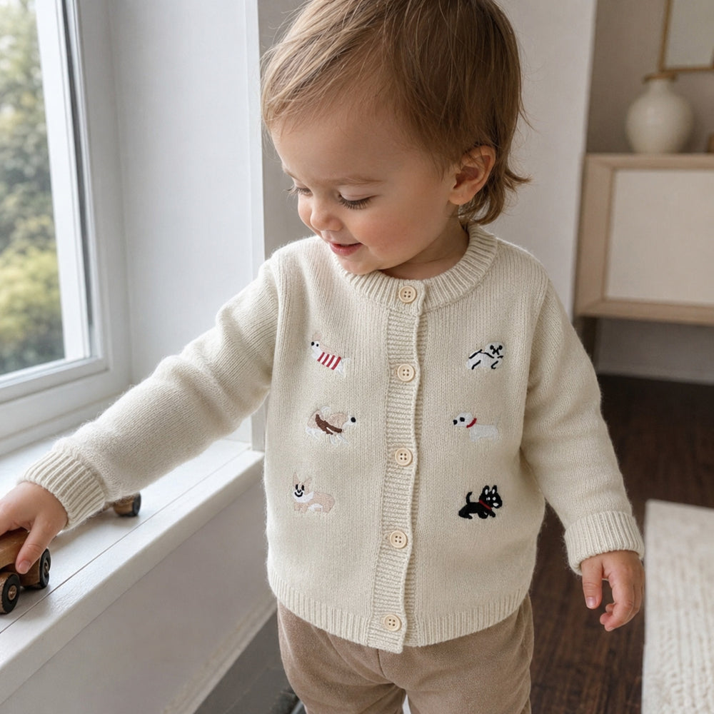 Baby Knit Cardigan or Romper with Animal Embroidery, Toddler Button Sweater