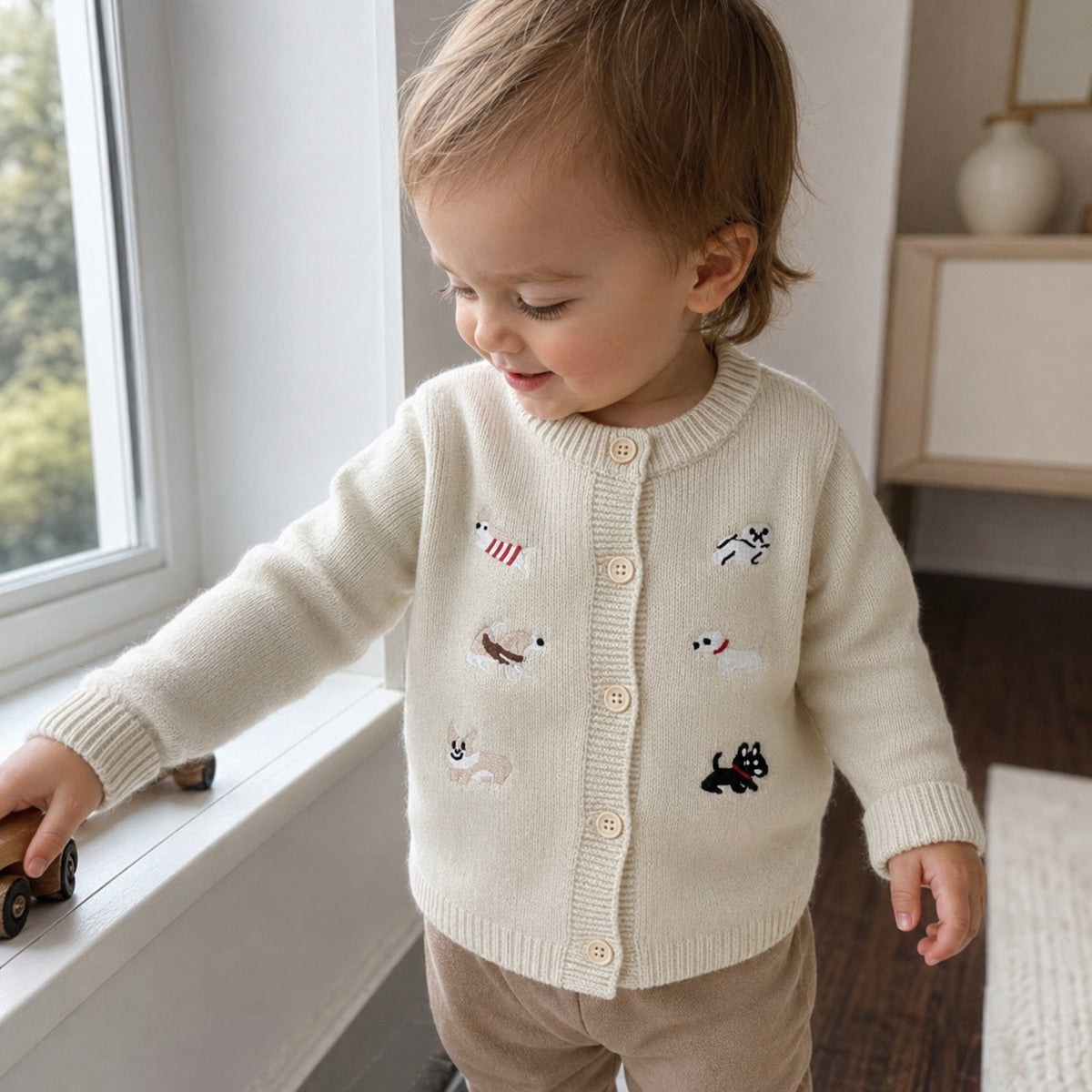 Baby Embroidered Knit Cardigan or Romper in Cream and Burgundy — BloomKnit product photo 3 of 10