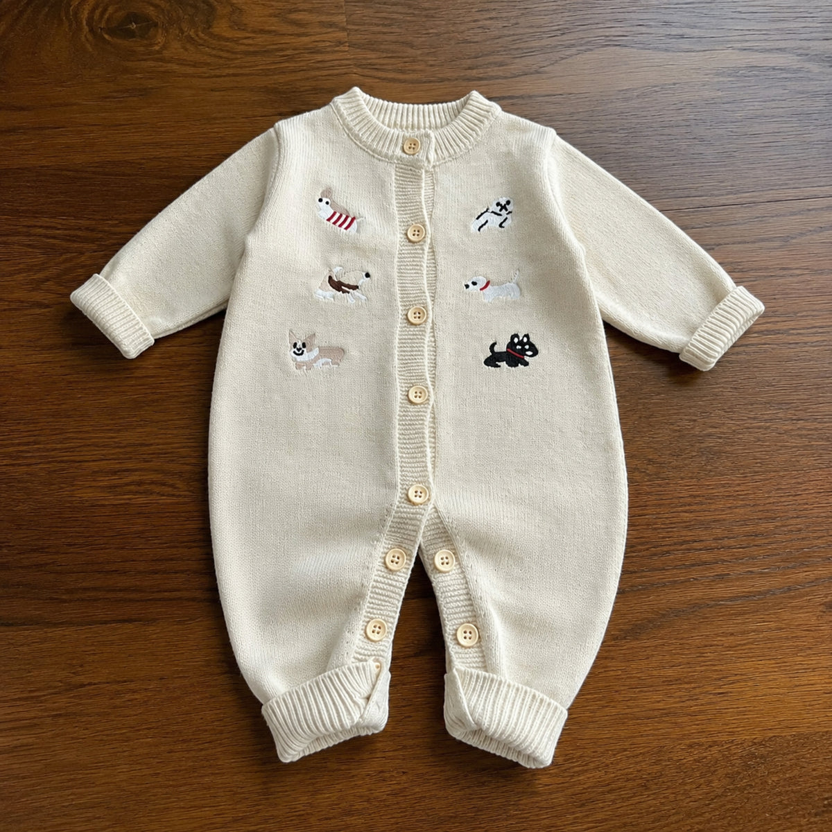 Baby Embroidered Knit Cardigan or Romper in Cream and Burgundy — BloomKnit product photo 5 of 10
