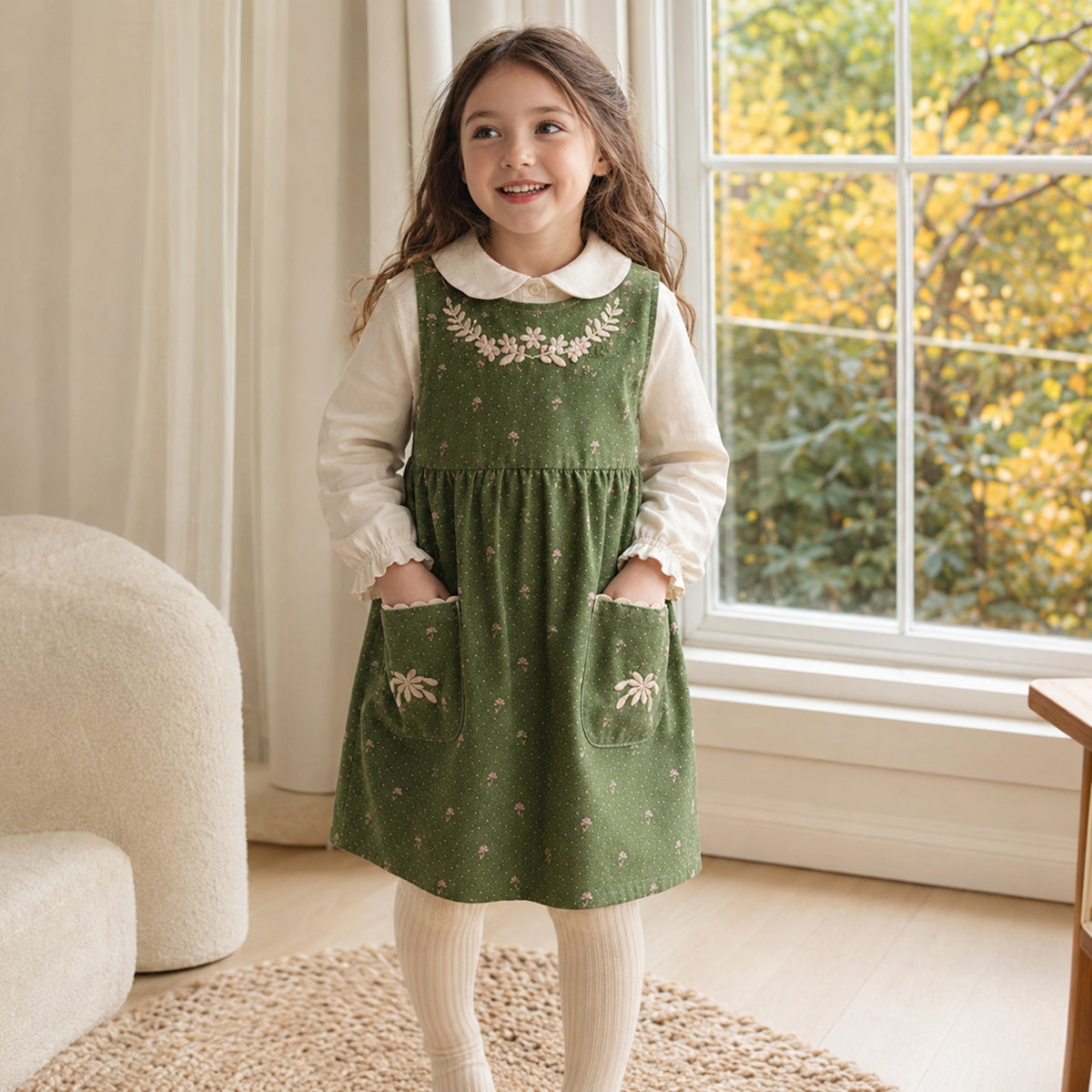 Girls Olive Floral Dress or Embroidered Pinafore — BloomKnit product photo 2 of 10