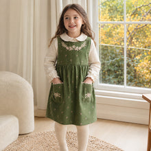Girls Olive Cotton Dress, Floral Embroidered Pinafore or Long Sleeve Style