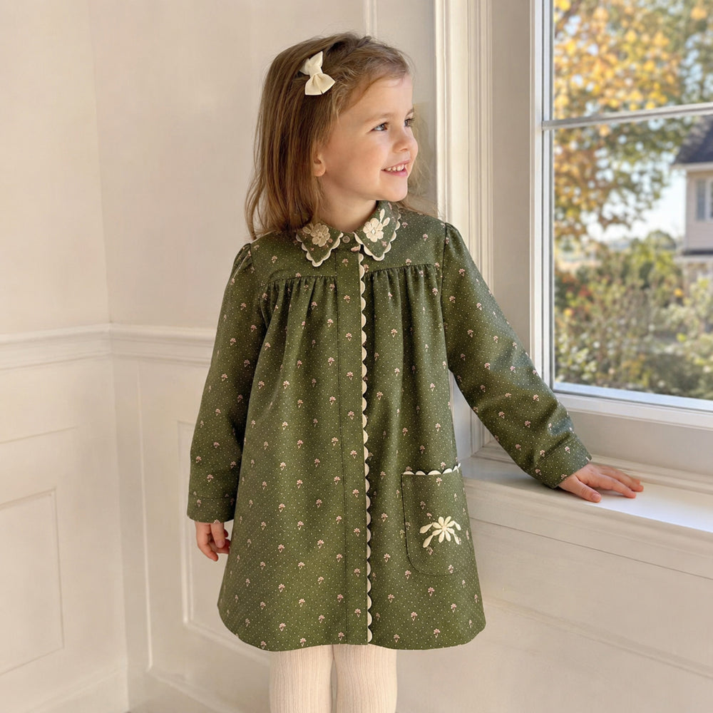 Girls Olive Cotton Dress, Floral Embroidered Pinafore or Long Sleeve Style