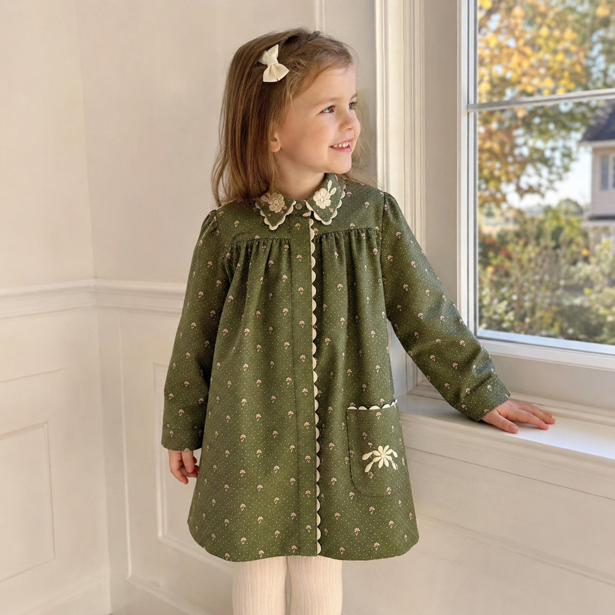Girls Olive Floral Dress or Embroidered Pinafore — BloomKnit product photo 3 of 10