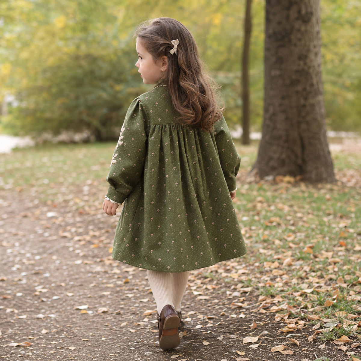 Girls Olive Floral Dress or Embroidered Pinafore — BloomKnit product photo 9 of 10