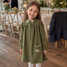 Girls Olive Cotton Dress, Floral Embroidered Pinafore or Long Sleeve Style