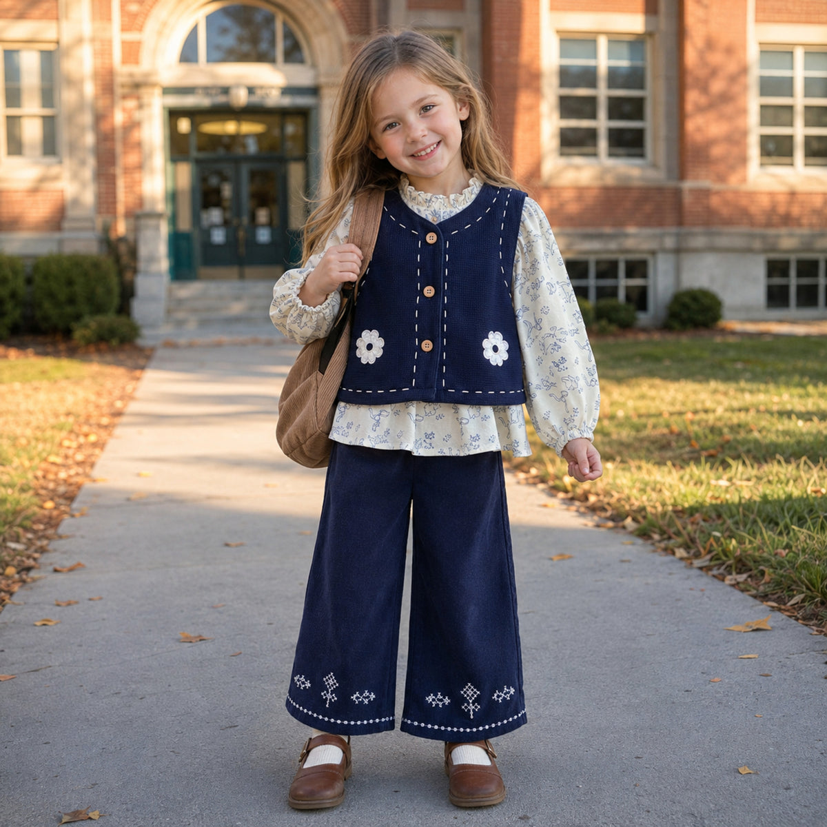 Girls Navy Corduroy Vest, Floral Blouse and Pants Set — BloomKnit product photo 1 of 10