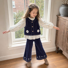 Girls Navy Corduroy 3-Piece Outfit, Floral Blouse, Vest and Wide-Leg Pants