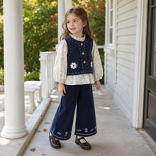 Girls Navy Corduroy 3-Piece Outfit, Floral Blouse, Vest and Wide-Leg Pants