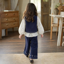 Girls Navy Corduroy 3-Piece Outfit, Floral Blouse, Vest and Wide-Leg Pants