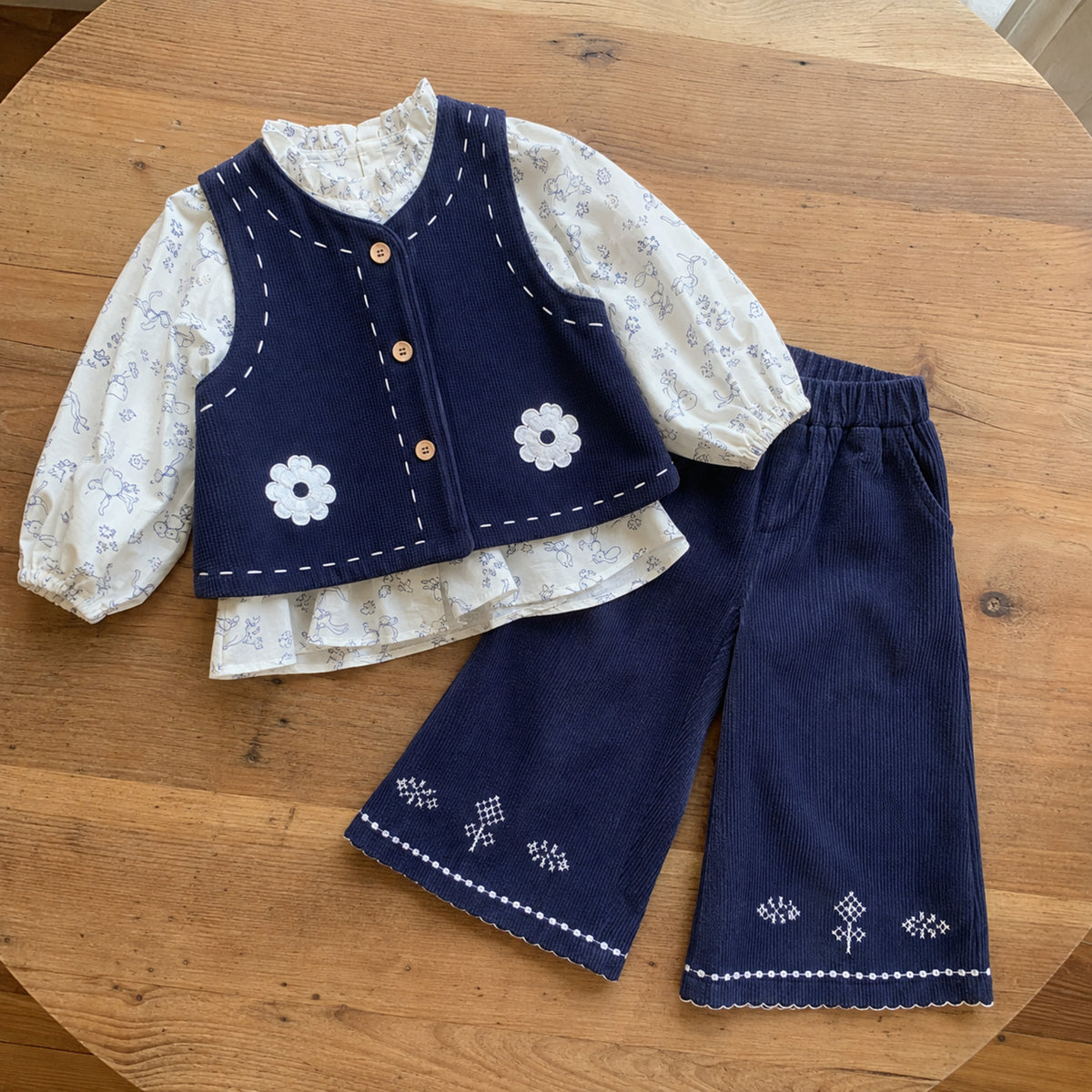 Girls Navy Corduroy Vest, Floral Blouse and Pants Set — BloomKnit product photo 5 of 10