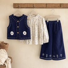 Girls Navy Corduroy 3-Piece Outfit, Floral Blouse, Vest and Wide-Leg Pants