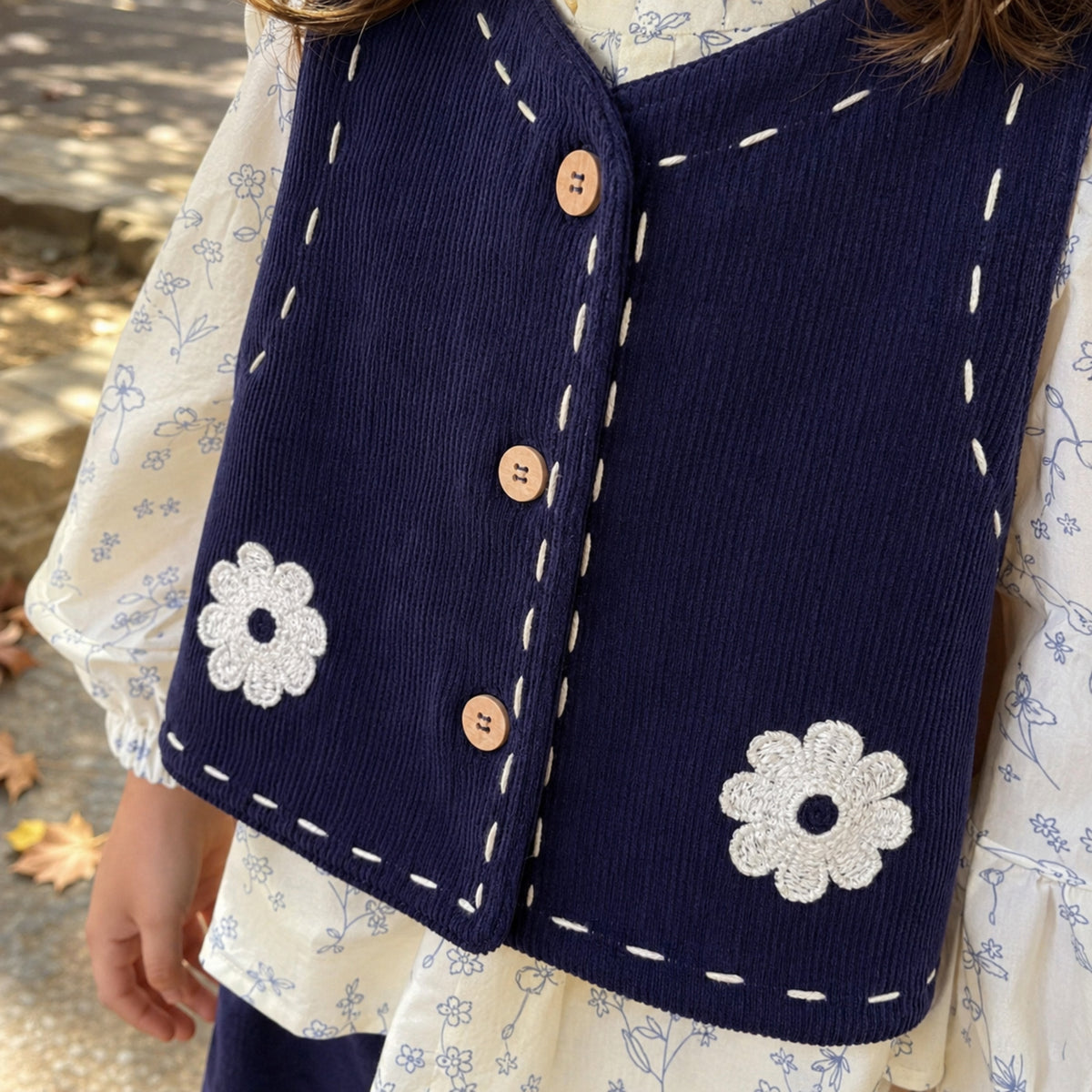 Girls Navy Corduroy Vest, Floral Blouse and Pants Set — BloomKnit product photo 7 of 10