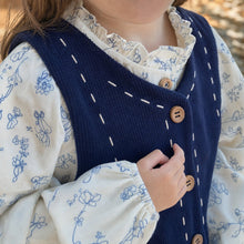 Girls Navy Corduroy 3-Piece Outfit, Floral Blouse, Vest and Wide-Leg Pants