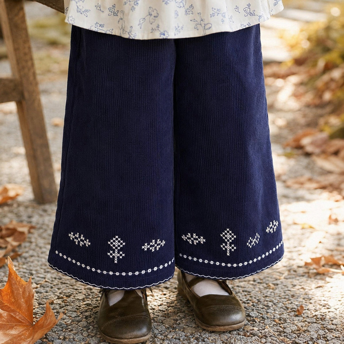 Girls Navy Corduroy Vest, Floral Blouse and Pants Set — BloomKnit product photo 9 of 10