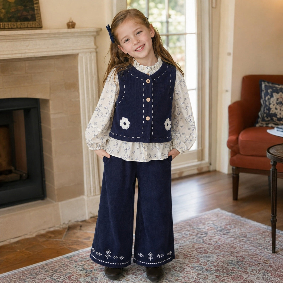 Girls Navy Corduroy Vest, Floral Blouse and Pants Set — BloomKnit product photo 10 of 10