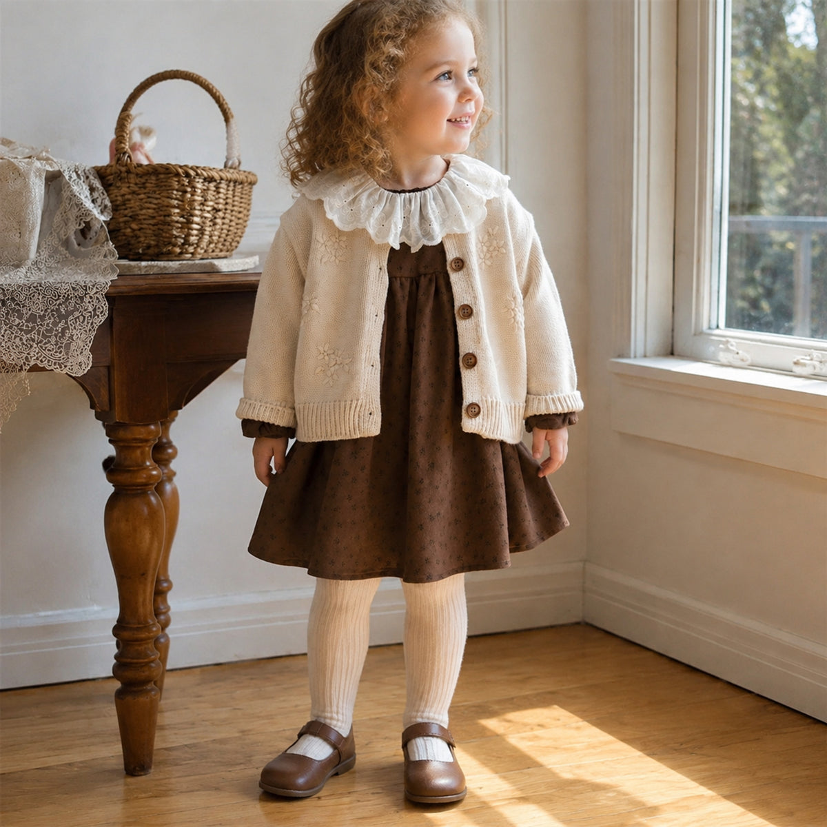 Girl wearing cream embroidered cardigan with brown eyelet-collar dress at home