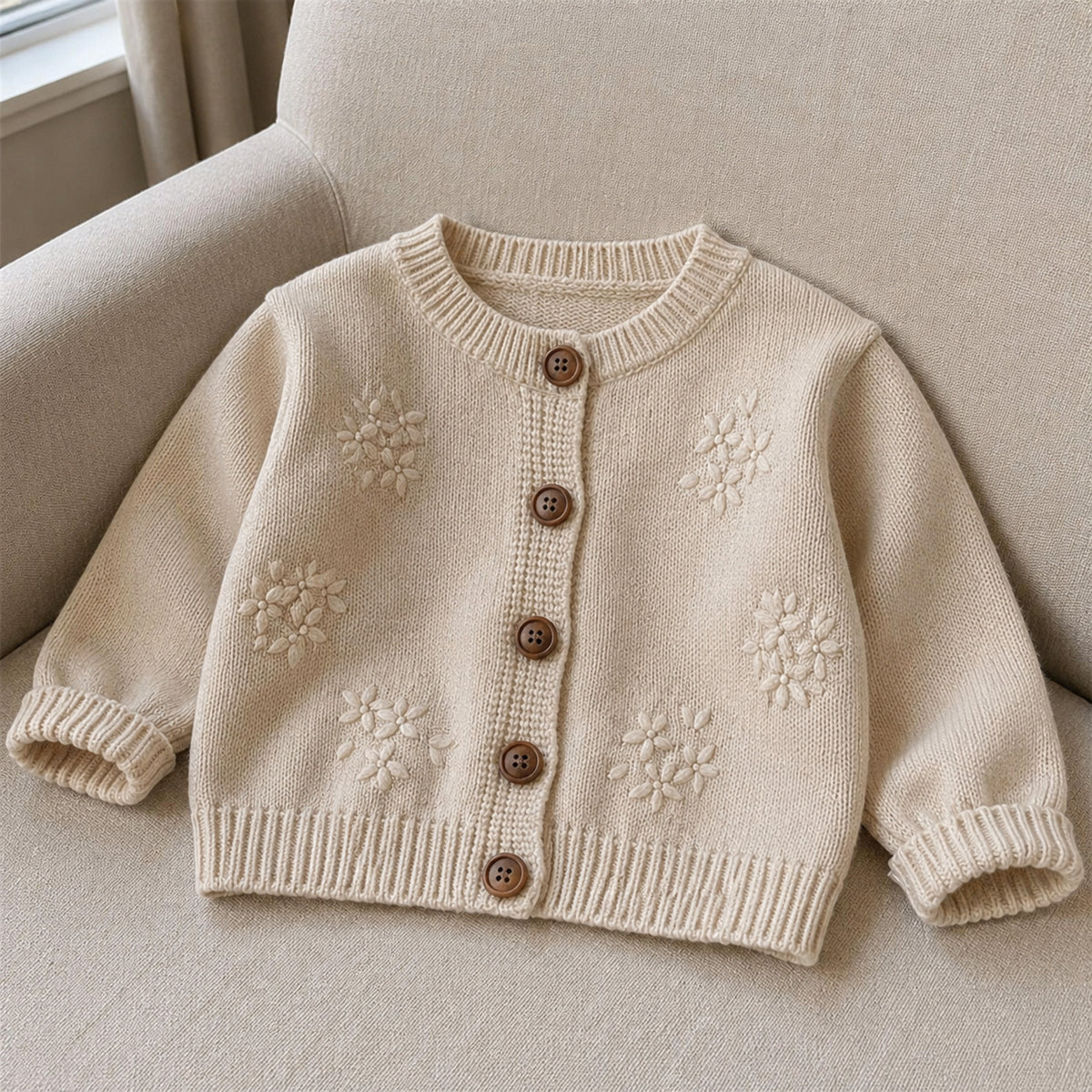 Cream embroidered knit cardigan shown as a separate piece on an armchair