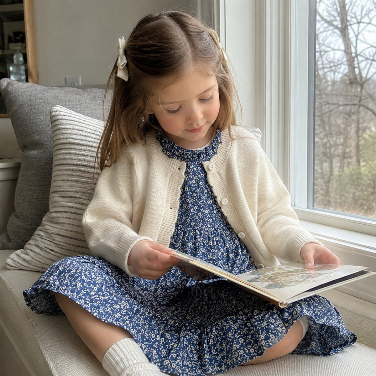 Girl reading in cream cardigan and blue floral dress set