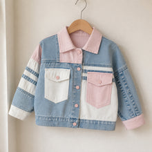 Girls Pastel Patchwork Denim Jacket, Pink Blue Color Block Fall Coat