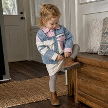 Girls Pastel Patchwork Denim Jacket, Pink Blue Color Block Fall Coat