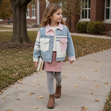 Girls Pastel Patchwork Denim Jacket, Pink Blue Color Block Fall Coat