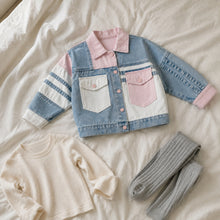 Girls Pastel Patchwork Denim Jacket, Pink Blue Color Block Fall Coat