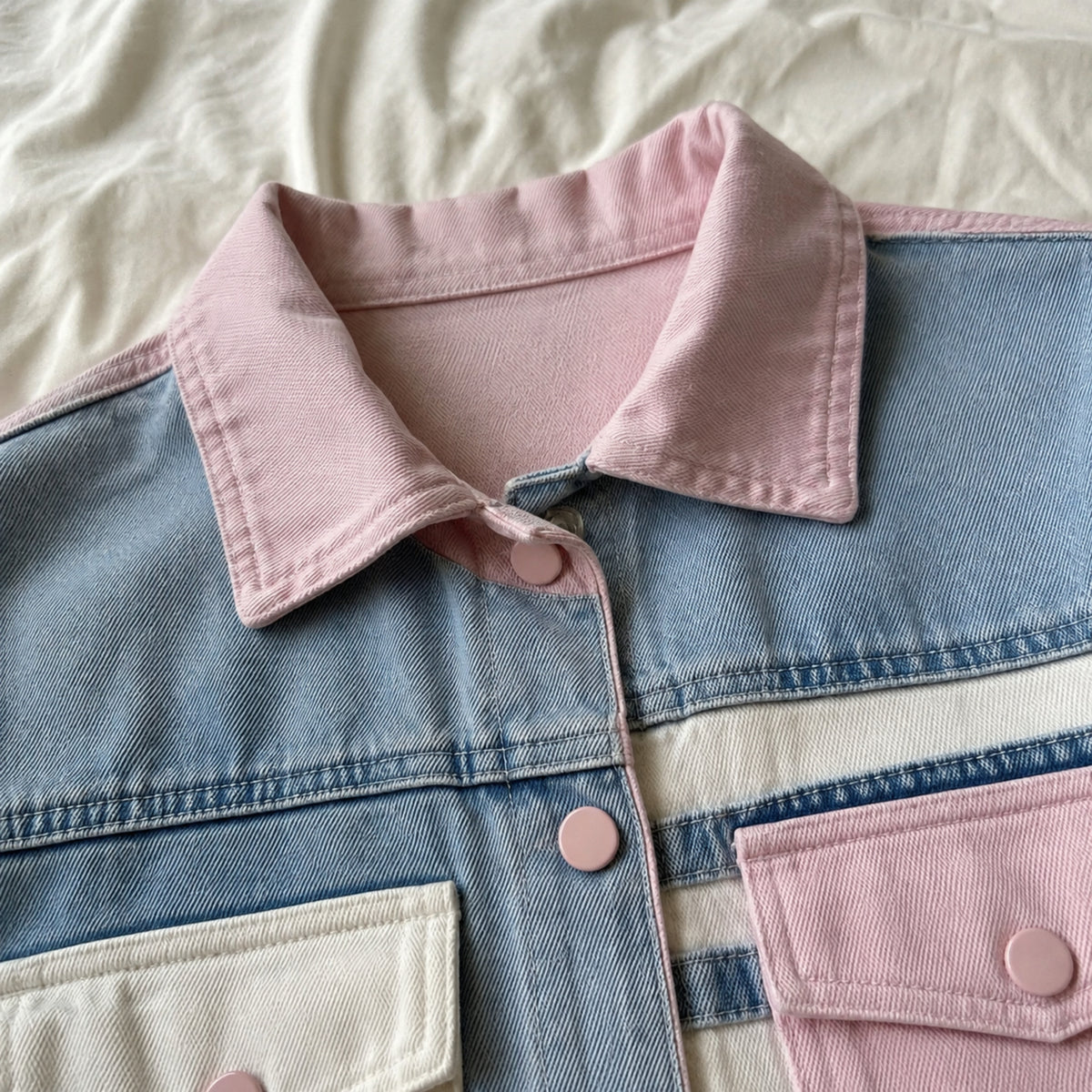 Close-up of the pastel pink collar, pink snaps and cotton denim topstitching
