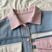 Girls Pastel Patchwork Denim Jacket, Pink Blue Color Block Fall Coat