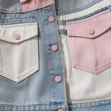 Girls Pastel Patchwork Denim Jacket, Pink Blue Color Block Fall Coat