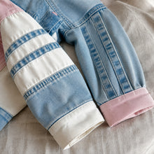 Girls Pastel Patchwork Denim Jacket, Pink Blue Color Block Fall Coat