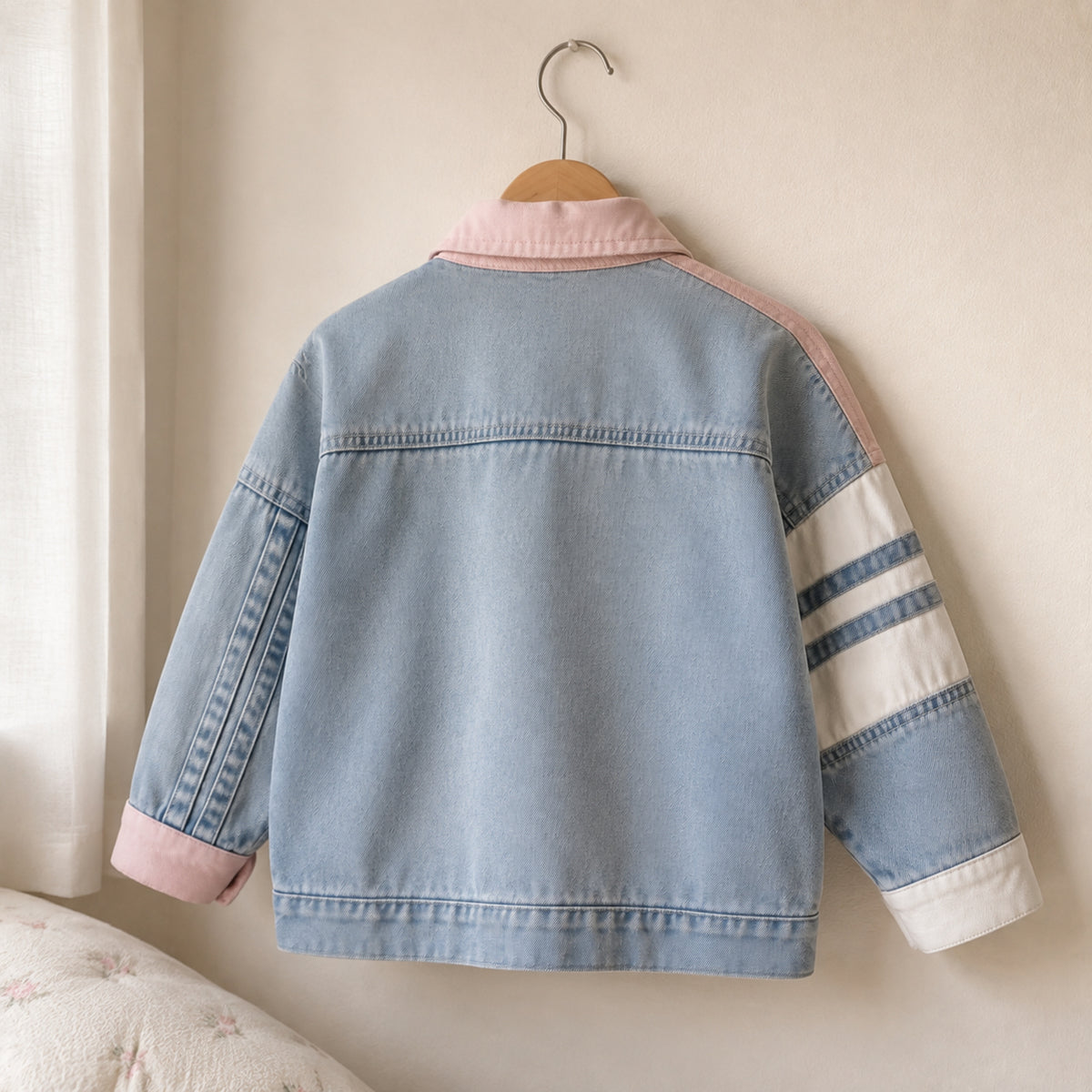 Back view of the light blue patchwork denim jacket with asymmetric sleeves