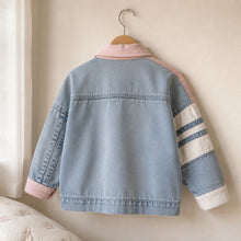 Girls Pastel Patchwork Denim Jacket, Pink Blue Color Block Fall Coat
