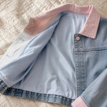 Girls Pastel Patchwork Denim Jacket, Pink Blue Color Block Fall Coat