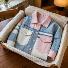 Girls Pastel Patchwork Denim Jacket, Pink Blue Color Block Fall Coat
