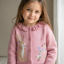 Toddler Girl Fall Cardigan, Rabbit Embroidered Knit Sweater, Pink or Beige