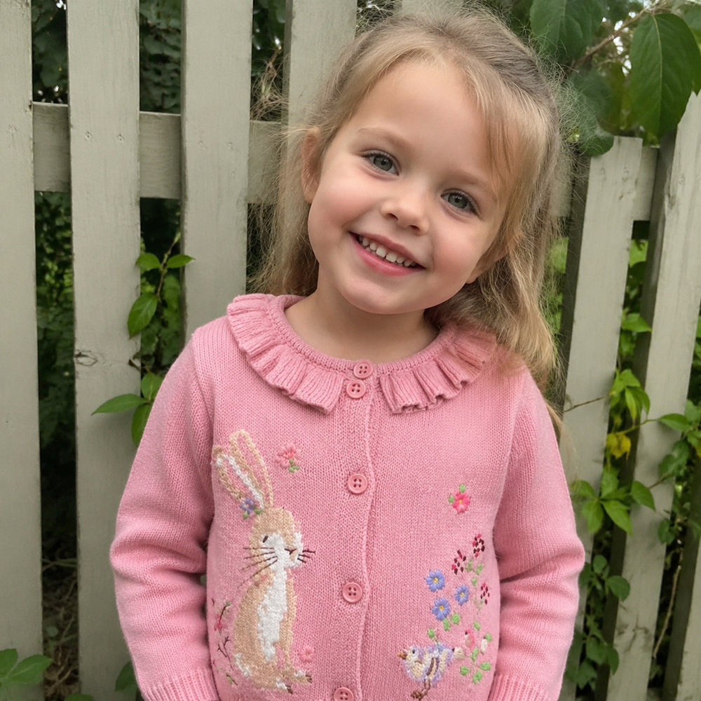 Toddler Girl Fall Cardigan, Rabbit Embroidered Knit Sweater, Pink or Beige