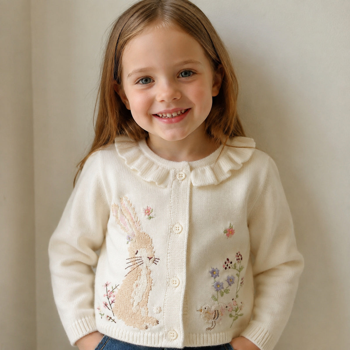 Beige rabbit embroidered ruffle collar cardigan on girl