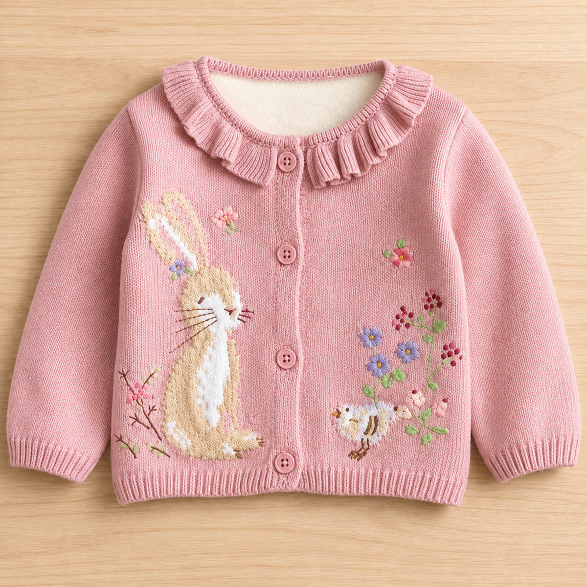 Pink rabbit embroidered cardigan front view