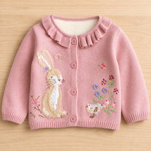 Toddler Girl Fall Cardigan, Rabbit Embroidered Knit Sweater, Pink or Beige