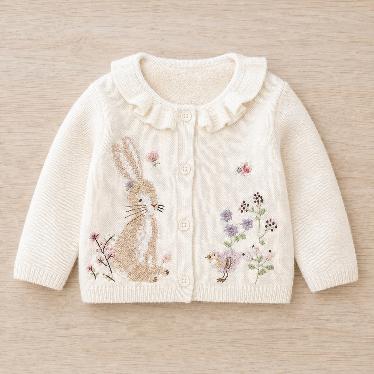 Beige rabbit embroidered cardigan front view