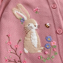 Toddler Girl Fall Cardigan, Rabbit Embroidered Knit Sweater, Pink or Beige